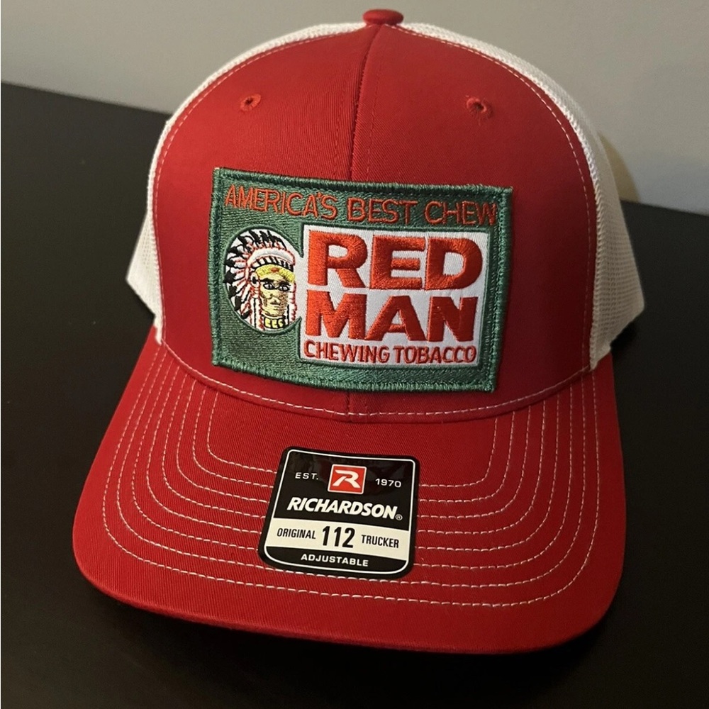 Red Man Chewing Tobacco Richardson 112 Snapback Trucker Hat Red/White
